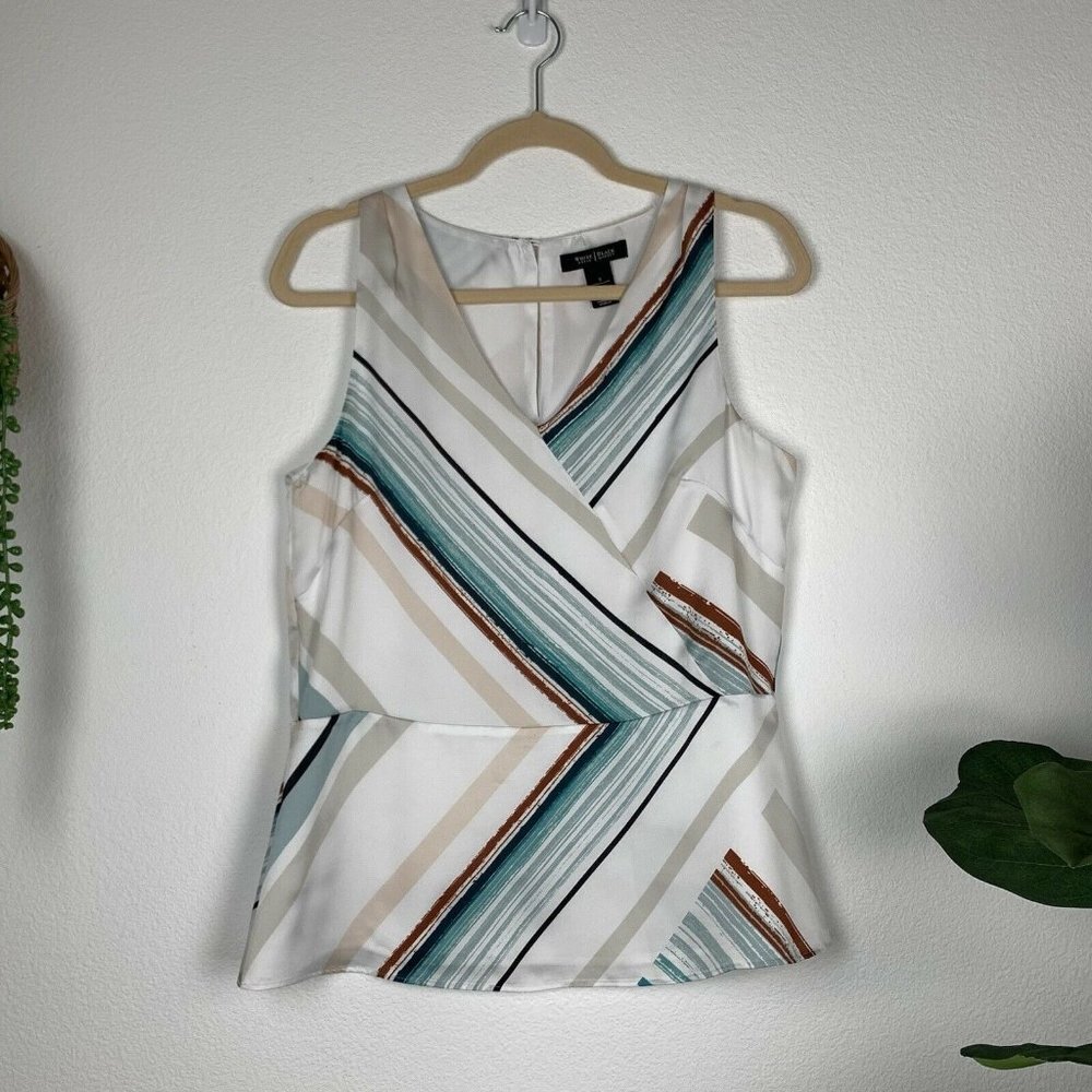 White House Black Market Women's S White Printed Peplum Tank Top Blouse WHBM